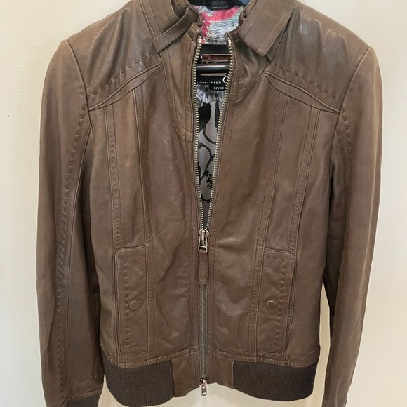 Mackage Gray/Military Green Leather Zip Front Bomber Jacket - Picture 3 of 10